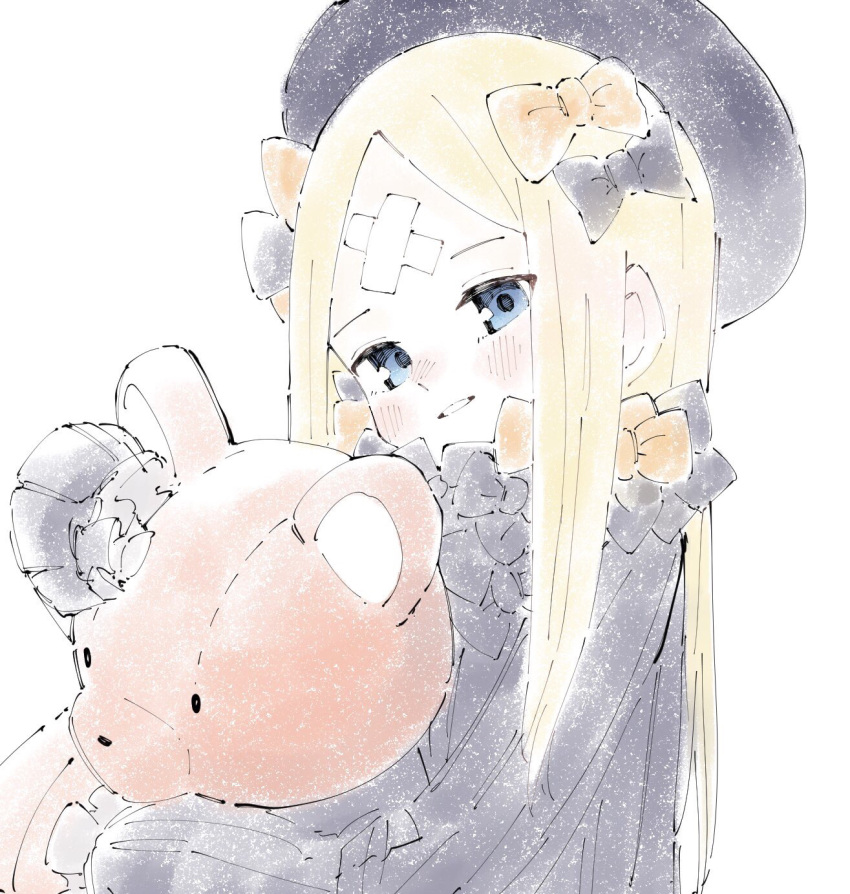 1girl abigail_williams_(fate) bandaid bandaid_on_face bandaid_on_forehead bangs black_bow black_dress black_headwear blonde_hair blue_eyes blush bow crossed_bandaids dress fate/grand_order fate_(series) hair_bow hat highres holding holding_stuffed_toy long_hair looking_at_viewer multiple_bows multiple_hair_bows orange_bow parted_bangs parted_lips simple_background sketch sleeves_past_fingers sleeves_past_wrists smile solo stuffed_animal stuffed_toy teddy_bear tenoo12 white_background