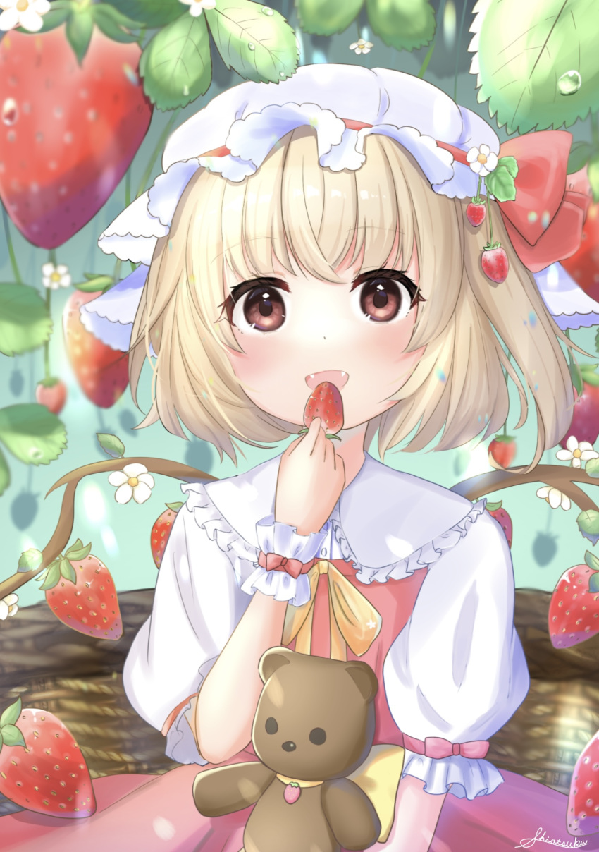 1girl :d apple bangs blonde_hair blueberry blurry blush bow eyebrows_visible_through_hair fangs flandre_scarlet food frilled_shirt_collar frills fruit grapes hat highres holding holding_food holding_fruit looking_at_viewer mob_cap open_mouth puffy_short_sleeves puffy_sleeves red_bow ribbon shiotsuku1210 shirt short_hair short_sleeves signature smile solo strawberry stuffed_animal stuffed_toy teddy_bear touhou upper_body white_headwear white_shirt wrist_cuffs