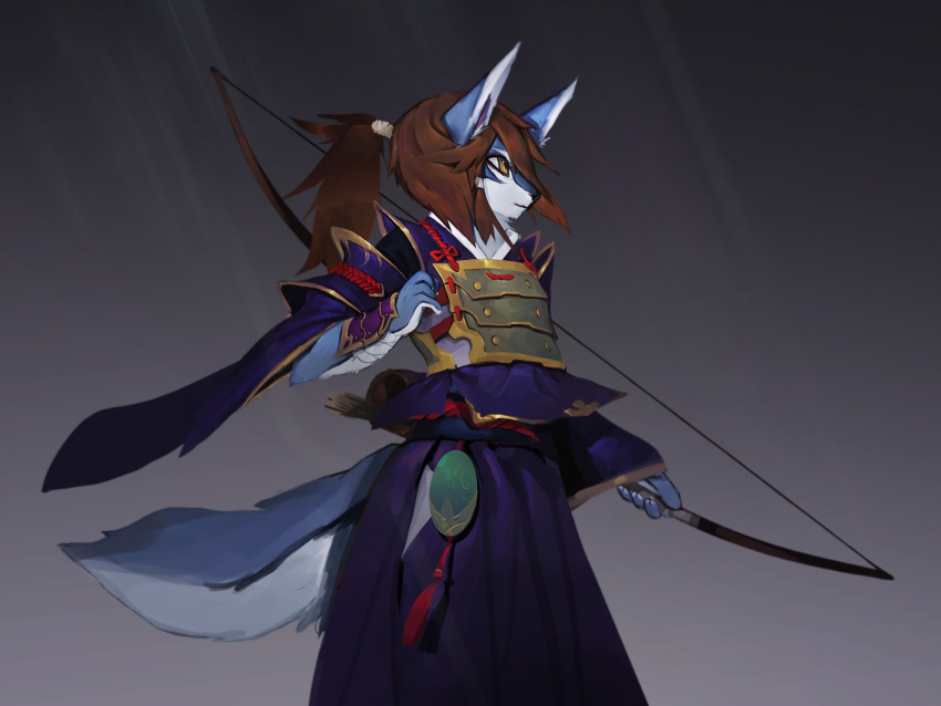 1girl animal_ears animal_nose armor bangs blue_fur body_fur bow_(weapon) breastplate brown_eyes brown_hair closed_mouth commentary_request cowboy_shot flat_chest from_side furry furry_female grey_background hakama hakama_skirt hand_up high_ponytail highres hip_vent holding holding_bow_(weapon) holding_weapon japanese_armor japanese_clothes long_hair long_sleeves original profile purple_hakama rope sidelocks simple_background skirt snout solo standing tail two-tone_fur uyu_(soda_uyu) vambraces weapon white_fur wide_sleeves wolf_ears wolf_girl wolf_tail