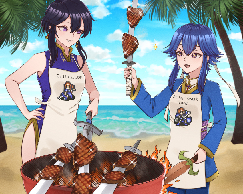 +_+ 2girls :d absurdres apron bad_source barbecue black_hair blue_hair commission commissioner_upload cooking fire_emblem fire_emblem:_genealogy_of_the_holy_war fire_emblem_heroes food grill grilling headband highres larcei_(fire_emblem) looking_at_another mari48240422 meat multiple_girls open_mouth original short_hair smile steak sword violet_eyes weapon white_apron white_headband