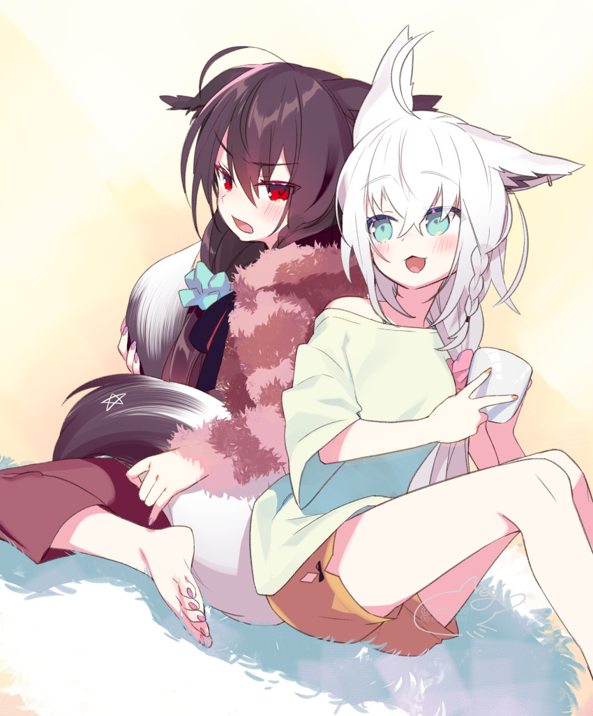 2girls ahoge animal_ears bangs black_hair blush braid commentary_request cup ear_down eyebrows_visible_through_hair fox_ears fox_girl fox_tail green_eyes hair_between_eyes highres holding holding_cup holding_tail hololive knees_up kurokami_fubuki long_hair looking_at_another multiple_girls negi_(ulog'be) open_mouth orange_shorts pentagram red_eyes shirakami_fubuki shirt short_shorts shorts sidelocks signature single_braid sitting tail virtual_youtuber wariza white_hair white_shirt