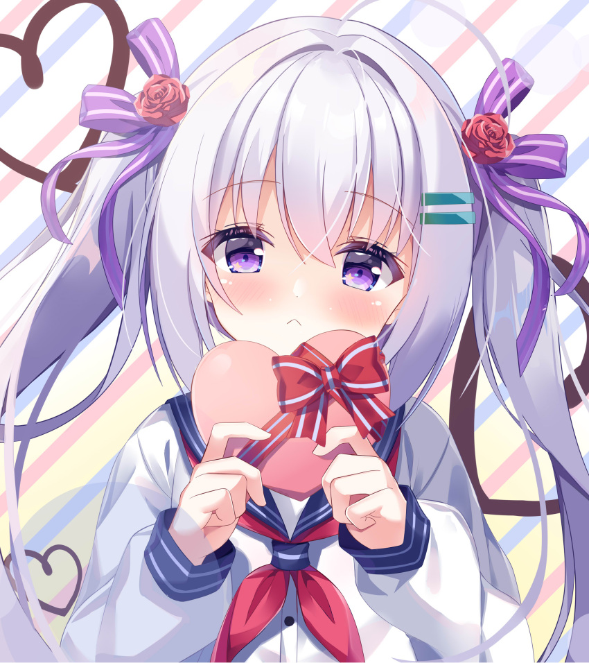 1girl blush confession dot_nose fengshen_chino highres holding original solo tagme twintails valentine violet_eyes white_hair