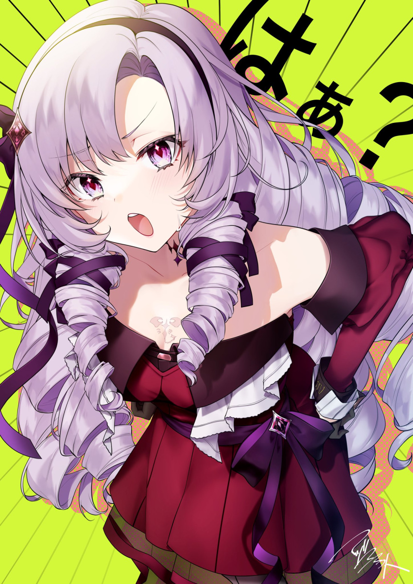 1girl asazuke25 black_gloves black_hairband chest_tattoo collarbone commentary_request dress drill_hair eyebrows_visible_through_hair gloves hairband highres hyakumantenbara_salome light_purple_eyes light_purple_hair long_hair looking_at_viewer nijisanji off-shoulder_dress off_shoulder open_mouth red_dress red_sleeves signature solo sweat tattoo translation_request virtual_youtuber