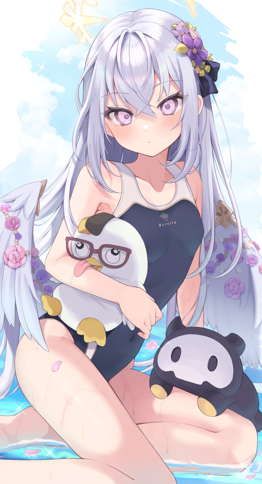 absurdres alternate_costume azusa_(blue_archive) blue_archive blush breasts collarbone flower glasses hair_between_eyes hair_flower hair_ornament halo highres looking_at_viewer ocean peroro_(blue_archive) school_swimsuit sky small_breasts stuffed_animal stuffed_toy swimsuit takio_(kani_sama) violet_eyes wet white_hair wings
