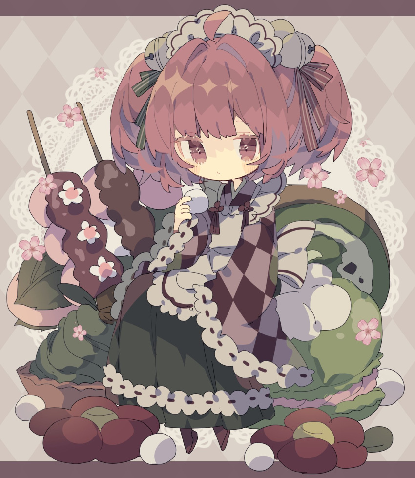 1girl bell brown_eyes closed_mouth flower frilled_sleeves frills full_body hair_bell hair_ornament highres jingle_bell long_sleeves motoori_kosuzu nikorashi-ka one-hour_drawing_challenge red_flower redhead short_hair solo touhou twintails wide_sleeves