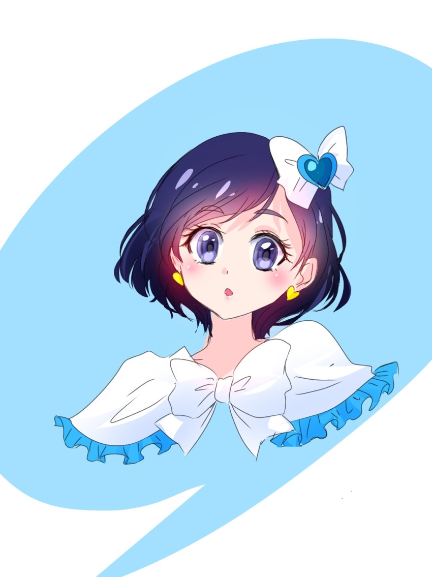 1girl alternate_hair_length alternate_hairstyle bangs blue_eyes blue_hair bow bowtie capelet cropped_torso cure_white earrings frilled_capelet frills futari_wa_precure hair_bow hair_ornament heart heart_earrings heart_hair_ornament highres jewelry looking_at_viewer manekineko5319 open_mouth portrait precure shiny shiny_hair short_hair solo swept_bangs white_bow white_bowtie white_capelet
