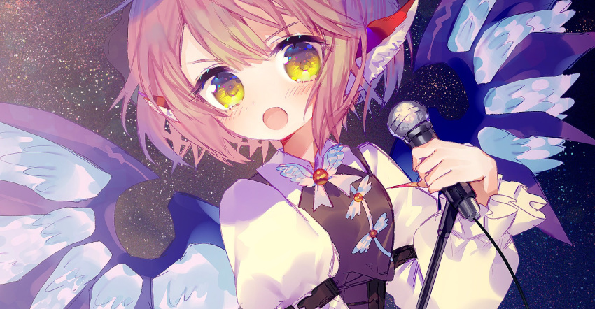 1girl animal_ears bird_ears bird_wings blush brown_dress dress fingernails frilled_sleeves frills highres hinasumire holding holding_microphone juliet_sleeves long_fingernails long_sleeves microphone mystia_lorelei nail_polish open_mouth pink_hair puffy_sleeves red_nails sharp_fingernails short_hair solo touhou upper_body white_wings wings yellow_eyes