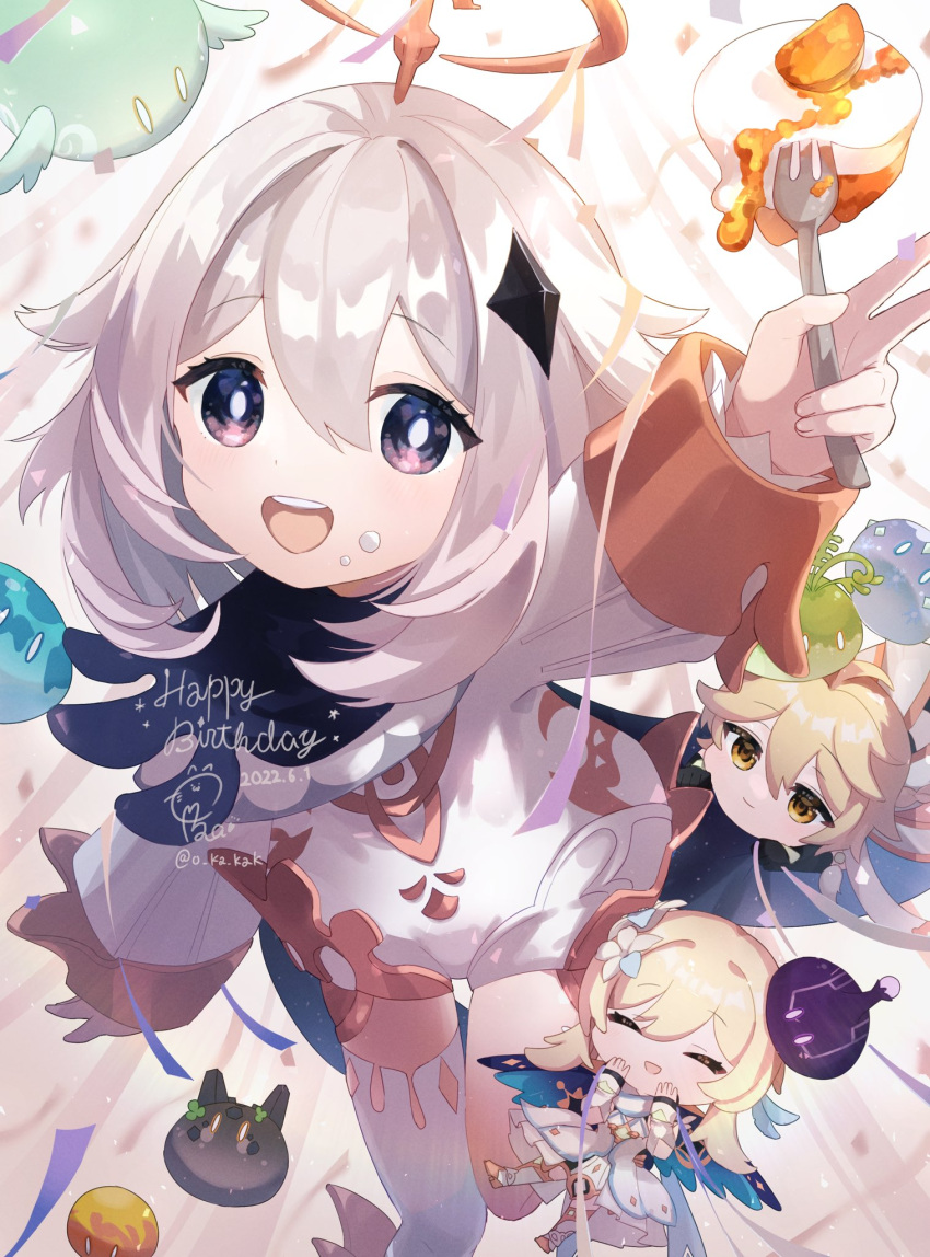 1boy 2girls aether_(genshin_impact) ahoge bangs black_scarf blonde_hair cake chibi closed_eyes dress flower food fork genshin_impact gradient_eyes grey_hair hair_flower hair_ornament halo highres long_hair long_sleeves lumine_(genshin_impact) multicolored_eyes multicolored_hair multiple_girls o-ka_(o_ka_kak) open_mouth paimon_(genshin_impact) scarf short_hair slime_(substance) smile white_dress white_footwear white_hair white_legwear yellow_eyes