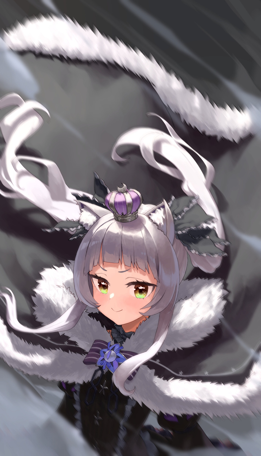 1girl absurdres animal_ears blush cape cat_ears crown fur_trim grey_hair highres hololive long_hair looking_at_viewer makimaki_makky7 murasaki_shion smile solo twintails virtual_youtuber yellow_eyes