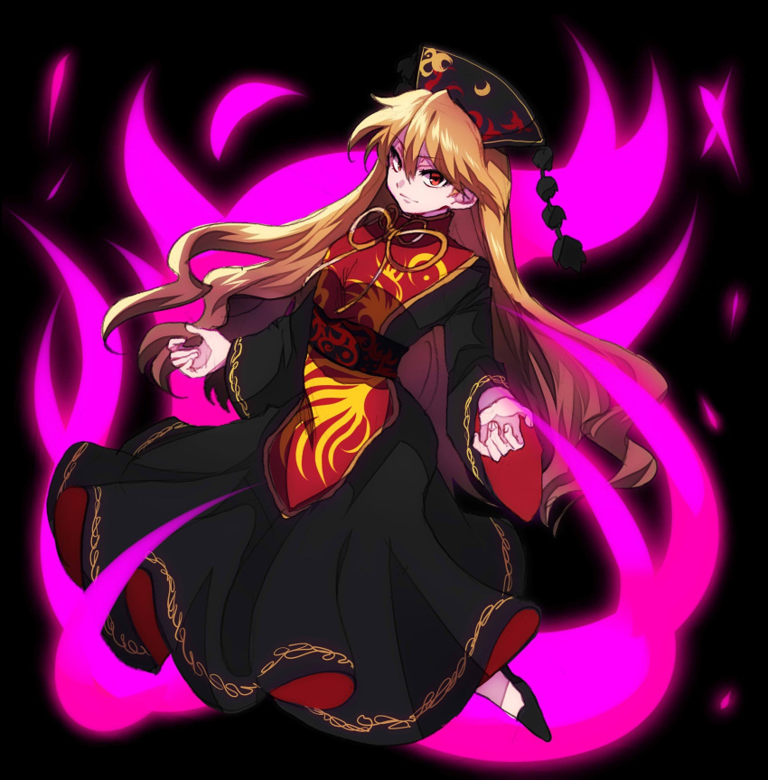 1girl aura black_background black_dress black_footwear black_headwear blonde_hair chinese_clothes closed_mouth commentary_request crescent dress energy full_body highres junko_(touhou) long_hair long_sleeves orange_hair patterned_clothing pekepeke_(toho_jk) phoenix_crown pom_pom_(clothes) red_eyes red_sash red_tabard sash simple_background solo tabard touhou very_long_hair wide_sleeves