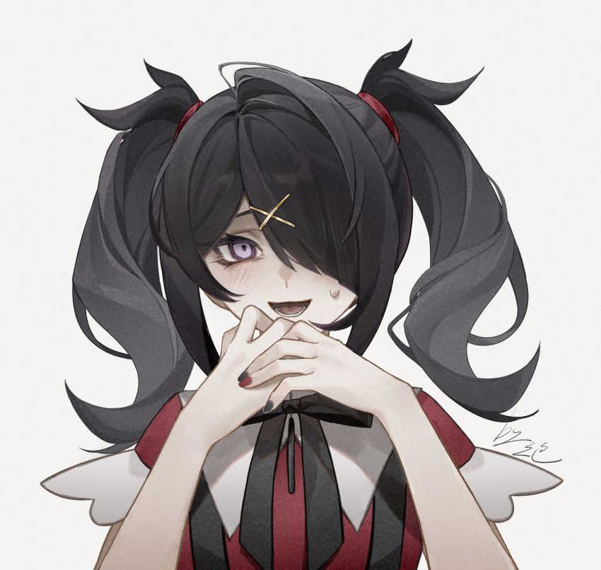 1girl ame-chan_(needy_girl_overdose) black_hair black_ribbon chinese_commentary hair_ornament hair_over_one_eye highres neck_ribbon needy_girl_overdose open_mouth own_hands_together portrait red_nails red_shirt ribbon san_se_ling_(thelostcity272) shirt short_sleeves smile solo suspenders sweat twintails violet_eyes white_background x_hair_ornament