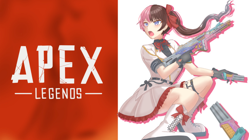 1girl absurdres apex_legends assault_rifle belt black_belt black_shirt blue_eyes boots bow brown_hair eyebrows_visible_through_hair gun hair_bow highres holding holding_gun holding_weapon iris_black_games jacket kobayashi_kichi logo multicolored_hair open_mouth pink_hair r-301_carbine red_bow reloading rifle shirt skirt solo squatting tachibana_hinano_(vtuber) twintails two-tone_hair v-shaped_eyebrows virtual_youtuber vspo! weapon white_footwear white_jacket white_skirt