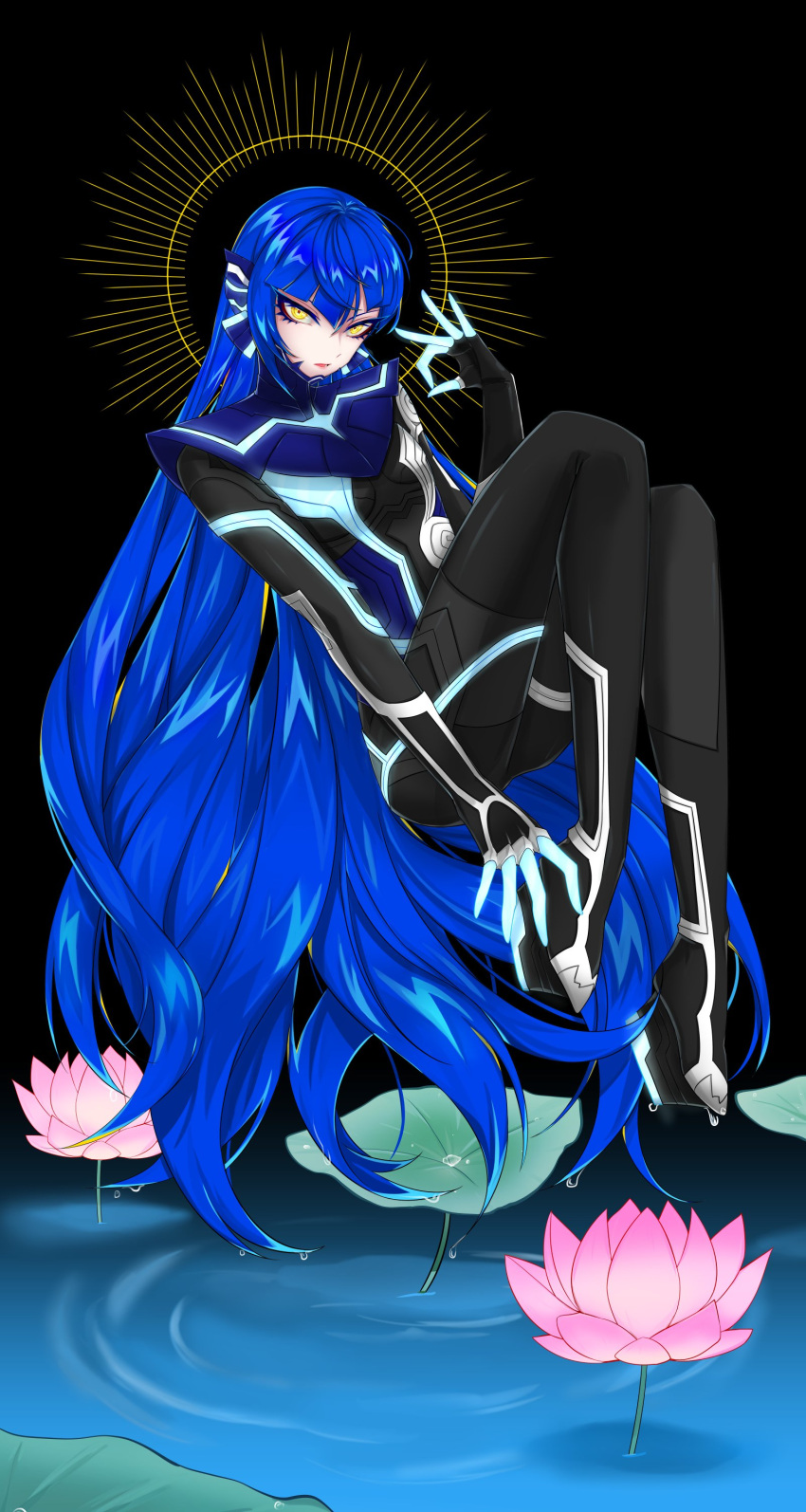 0_0c0ff 1boy absurdres androgynous asymmetrical_bangs bangs big_hair black_bodysuit blue_bodysuit blue_hair bodysuit commentary_request dripping eyelashes eyeshadow flower full_body halo hand_up highres invisible_chair leaning_back legs lily_(flower) lily_pad long_hair long_legs looking_at_viewer makeup male_focus mixed-language_commentary ok_sign open_mouth protagonist_(smtv) shadow shin_megami_tensei shin_megami_tensei_v shiny shiny_hair single_sidelock sitting solo thighs very_long_hair wet wet_hair yellow_eyes