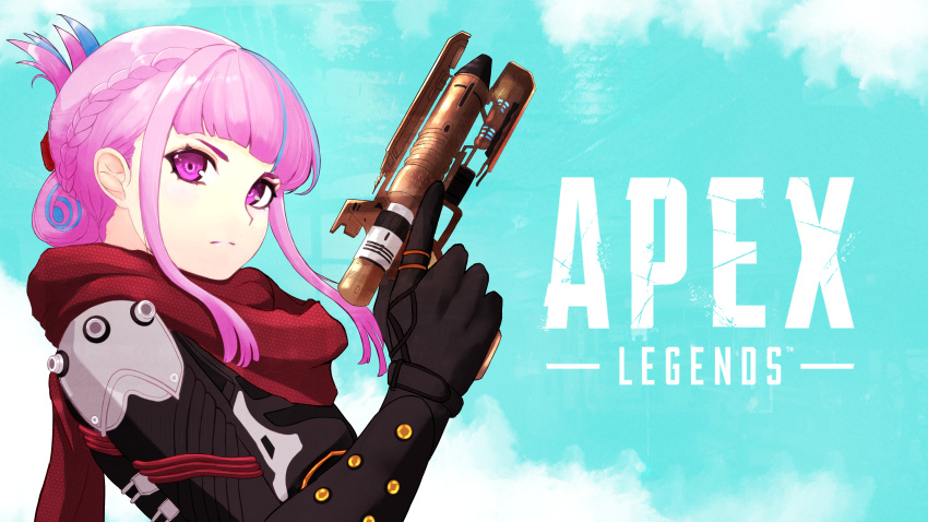 absurdres apex_legends b3_wingman black_bodysuit blue_hair bodysuit braid clouds cosplay crown_braid eternal_life_wraith from_side gun hair_behind_ear handgun highres holding holding_gun holding_weapon hololive kokorozashi_muro_koutarou looking_at_viewer minato_aqua multicolored_hair purple_hair red_scarf revolver scarf sky streaked_hair v-shaped_eyebrows violet_eyes virtual_youtuber weapon wraith_(apex_legends) wraith_(apex_legends)_(cosplay)