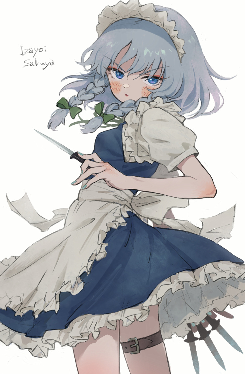1girl apron blue_dress blue_eyes blue_hair blue_nails blush bolero_(bo_le_ro66) bow braid character_name dress dual_wielding eyebrows_visible_through_hair eyeshadow fingernails frilled_apron frills green_bow grey_background hair_between_eyes hair_bow highres holding holding_knife holding_weapon izayoi_sakuya knife light_blue_hair light_blue_nails long_hair looking_at_viewer maid maid_apron maid_headdress makeup parted_lips puffy_sleeves red_eyeshadow simple_background solo thigh_strap throwing_knife touhou weapon
