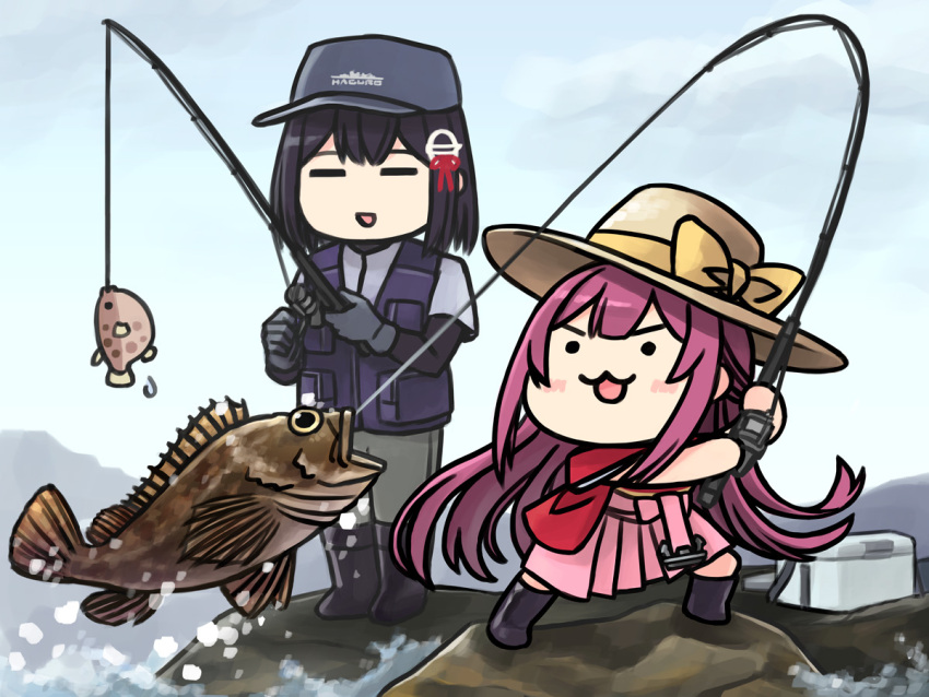 2girls alternate_costume black_gloves black_hair black_vest blue_sky chibi clouds commentary_request day fish fishing gloves haguro_(kancolle) hair_ornament hakama hat japanese_clothes kamikaze_(kancolle) kantai_collection kimono meiji_schoolgirl_uniform multiple_girls outdoors pink_hakama purple_hair red_kimono short_hair sky sun_hat tomoyo_kai vest