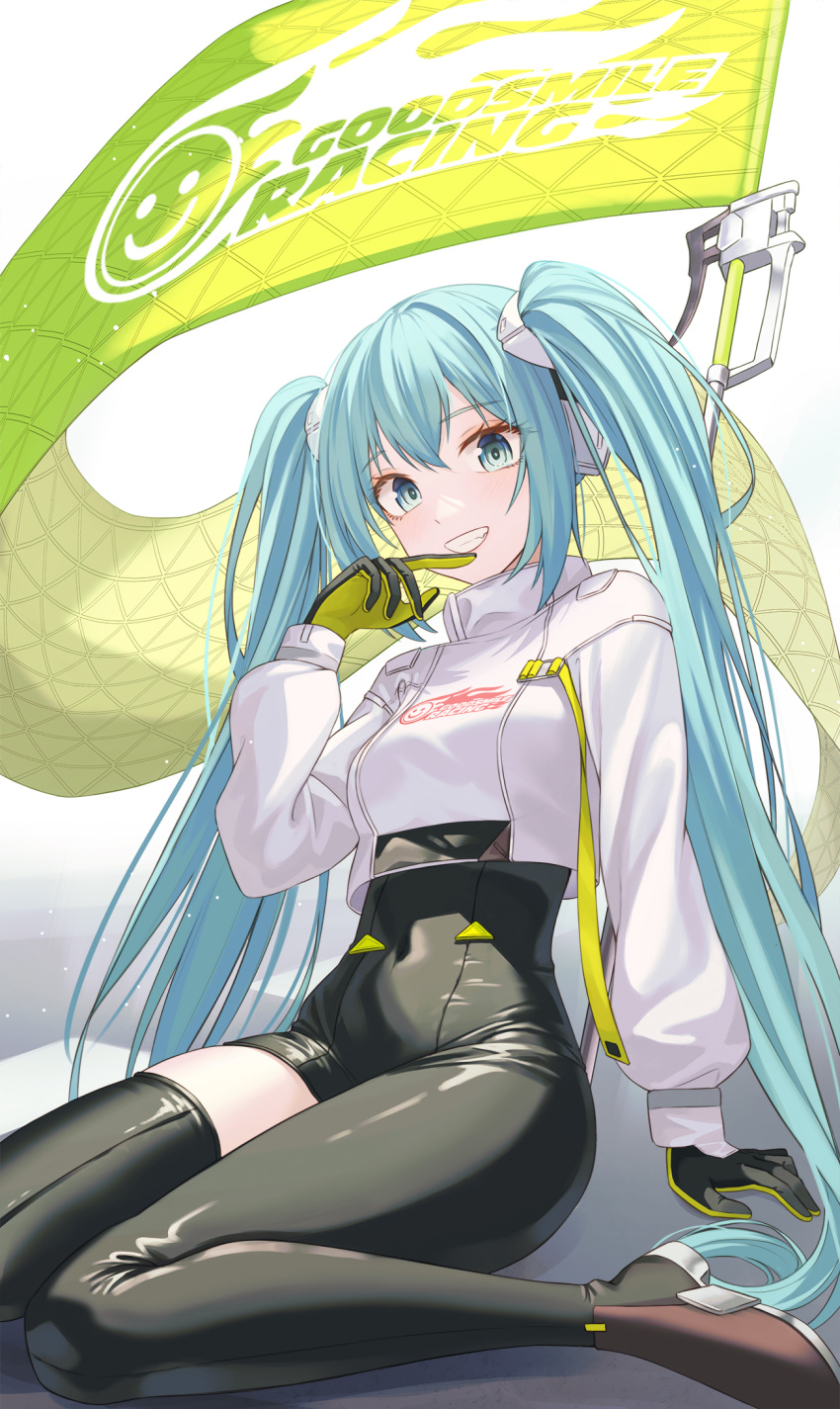 1girl :d aqua_hair asymmetrical_legwear black_gloves black_legwear breasts clenched_teeth commentary_request covered_navel dot_nose eyebrows_visible_through_hair flag full_body gloves gradient gradient_background green_eyes hair_between_eyes hair_ornament hand_up hatsune_miku highres light_particles long_hair looking_at_viewer open_mouth racing_miku racing_miku_(2022) shadow single_thighhigh sitting smile solo teeth thigh-highs twintails uneven_legwear very_long_hair vocaloid wariza white_sleeves yt9676