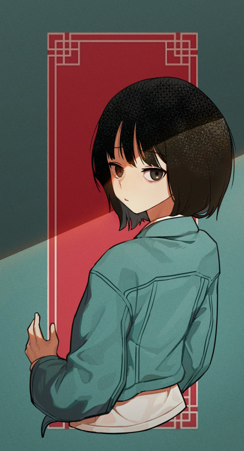 1girl absurdres bangs black_eyes black_hair bob_cut commentary_request cropped_jacket cropped_torso expressionless highres korean_commentary long_sleeves looking_at_viewer looking_back medium_hair original shirt solo stoll_(tmxhf) upper_body white_shirt