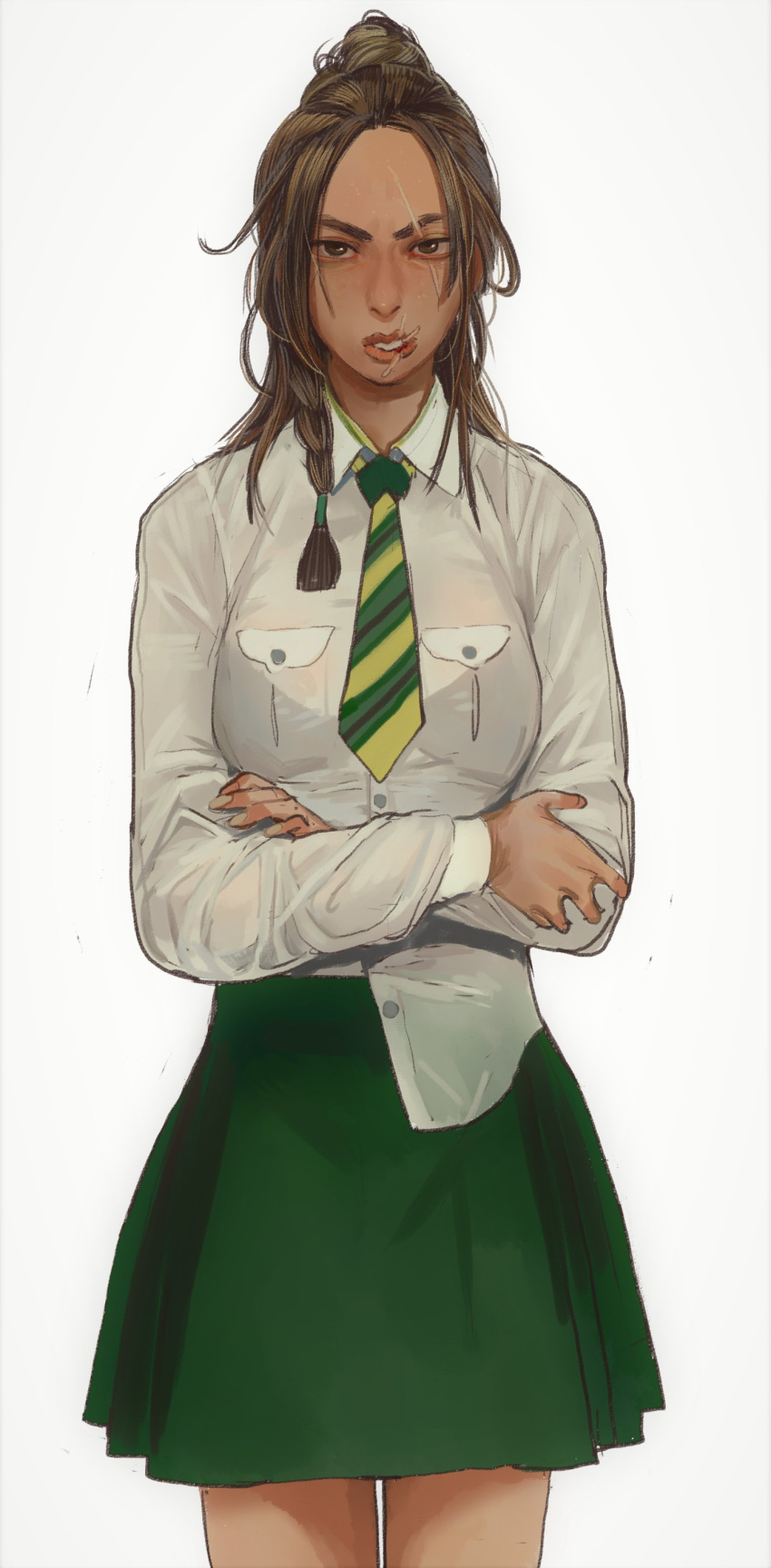 1girl absurdres brown_eyes brown_hair copyright_request cowboy_shot crossed_arms green_necktie green_skirt highres long_sleeves looking_at_viewer miniskirt mossacannibalis necktie parted_lips ponytail scar scar_across_eye school_uniform shirt simple_background skirt solo striped_necktie white_background white_shirt