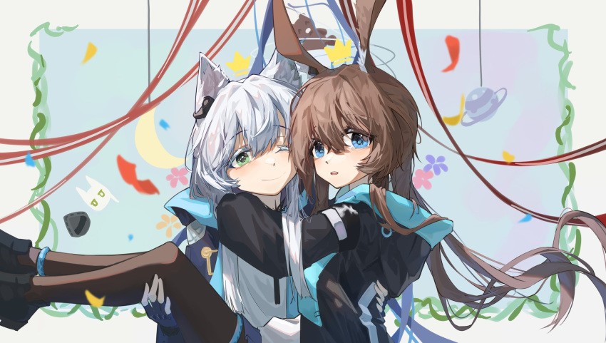 2girls amiya_(arknights) animal_ear_fluff animal_ears anklet arknights arms_around_neck bangs blue_eyes blush cameo carrying cat_ears cat_girl chino_(user_zdyd2447) cloak closed_mouth colored_eyelashes doctor_(arknights) earpiece eyebrows_visible_through_hair fingerless_gloves gloves green_eyes hand_on_another's_back highres hood hood_down hooded_cloak hooded_jacket jacket jewelry long_hair long_sleeves multiple_girls one_eye_closed pantyhose parted_lips ponytail princess_carry rabbit_ears rabbit_girl rosmontis_(arknights) thighlet white_hair