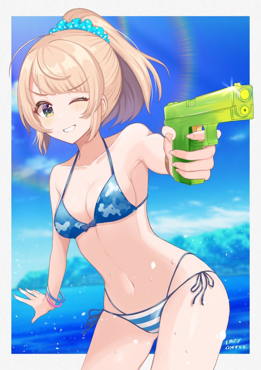 1girl absurdres bikini blonde_hair blue_bikini blue_sky clouds day green_eyes highres horizon indie_virtual_youtuber lazycoffee_(wyen_iscordo) looking_at_viewer mismatched_bikini ocean outdoors ponytail shigure_ui_(vtuber) shirt short_hair side-tie_bikini sky solo swimsuit virtual_youtuber water water_gun