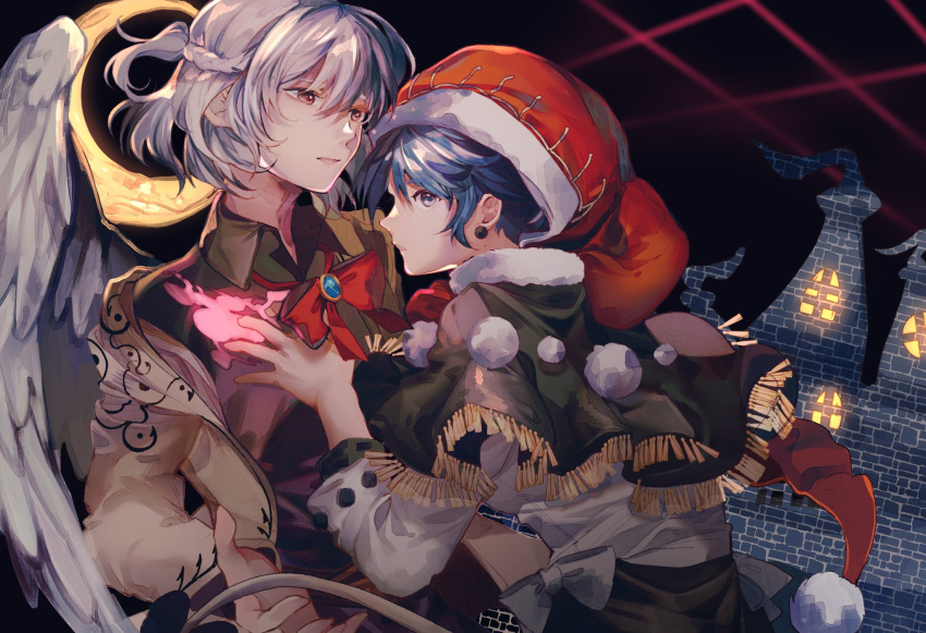 2girls bangs bird_wings black_capelet black_skirt blue_eyes blue_hair bow bowtie brooch brown_jacket brown_shirt capelet castle collared_shirt crescent doremy_sweet dream_world_(touhou) ear_piercing hair_between_eyes hand_on_another's_chest hat highres jacket jewelry kabocha1408 kishin_sagume long_sleeves looking_at_another looking_at_viewer multiple_girls nightcap open_clothes open_jacket piercing red_bow red_eyes red_headwear shirt short_hair sideways_glance single_wing skirt symbol-only_commentary tail touhou upper_body white_bow white_hair white_shirt white_wings wing_collar wings