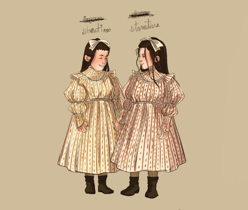 2boys alternate_costume alternate_hairstyle andrey_stamatin beige_socks brown_hair brown_shoes childhood hair_bow matching_outfit mxgicdave pathologic pathologic_2 patterned_clothing peter_stamatin puffy_sleeves queer red_dress trans twins utopians white_bow yellow_dress