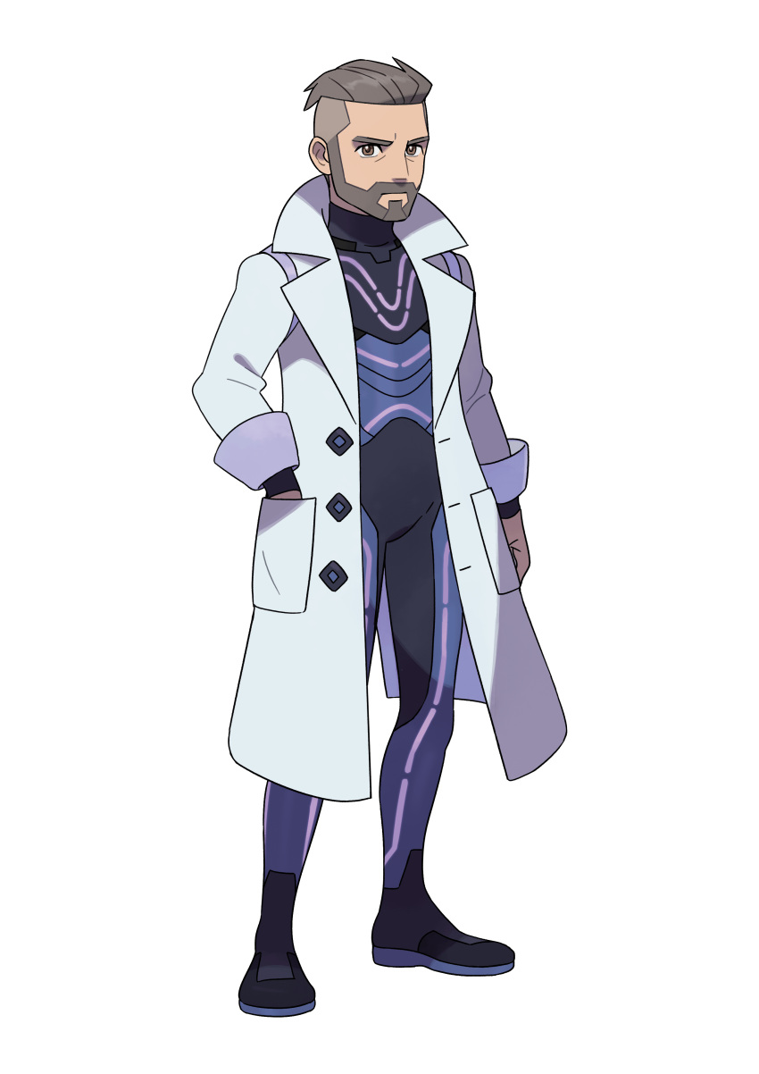1boy absurdres arm_at_side artist_request beard blue_bodysuit bodysuit bodysuit_under_clothes brown_eyes brown_hair buttons closed_mouth coat facial_hair forehead full_body hand_in_pocket highres labcoat looking_at_viewer male_focus mustache official_art open_clothes open_coat outline pocket pokemon pokemon_(game) pokemon_sv short_hair solo transparent_background turo_(pokemon) v-shaped_eyebrows white_coat white_outline