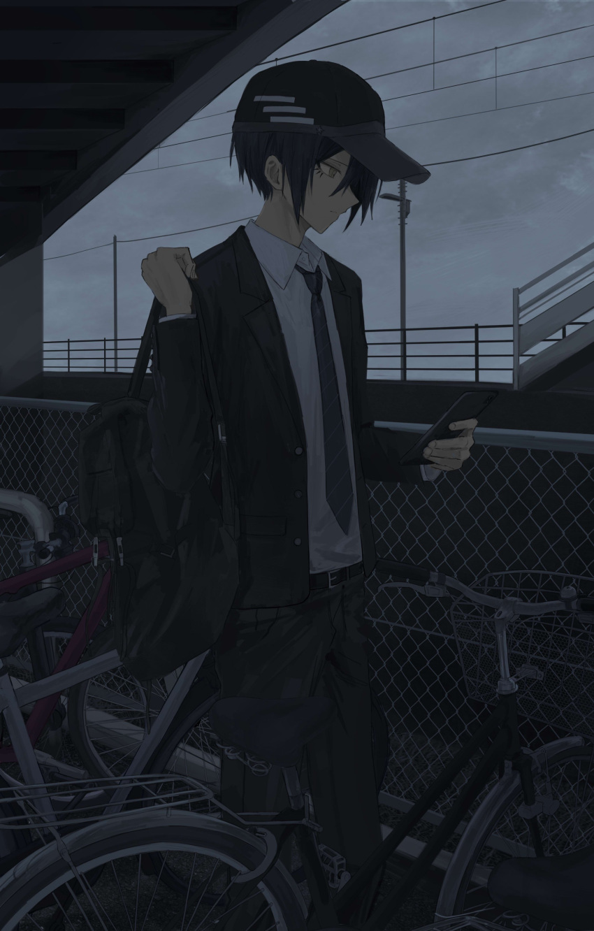 1boy absurdres backpack bag bangs belt bicycle black_belt black_hair black_headwear black_pants brown_eyes collared_shirt danganronpa_(series) danganronpa_v3:_killing_harmony fence from_side grey_shirt ground_vehicle hair_between_eyes highres holding holding_bag holding_phone iumi_urura jacket long_sleeves male_focus necktie official_alternate_costume open_clothes open_jacket outdoors pants phone saihara_shuuichi shirt short_hair solo striped_necktie