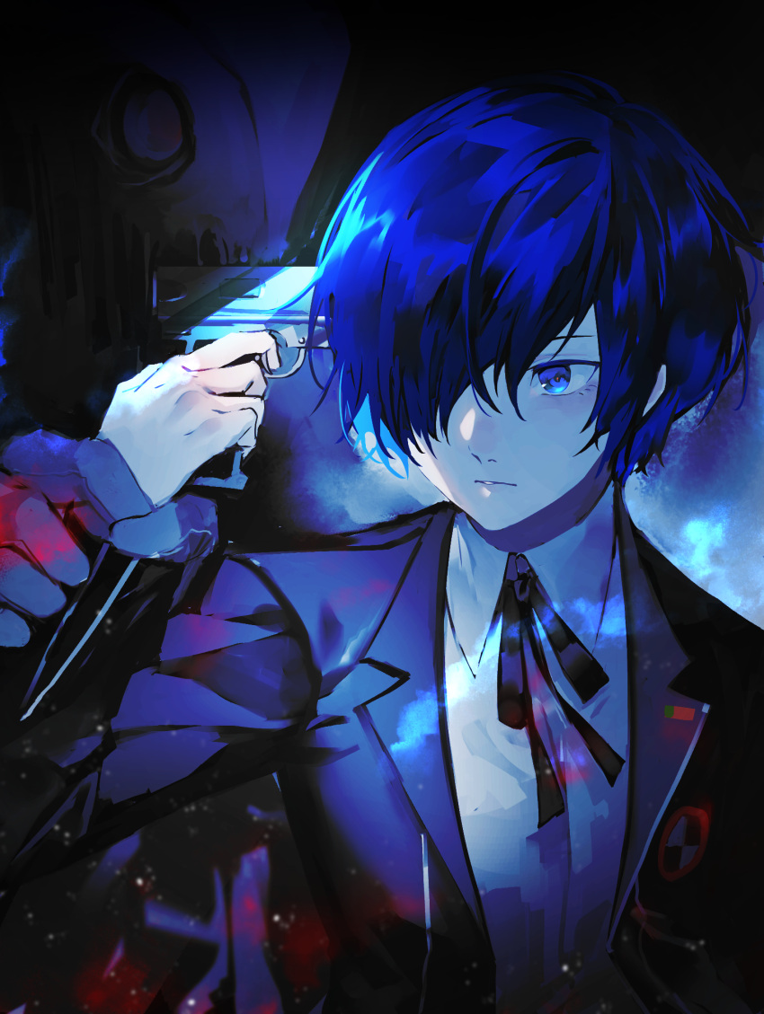 1boy black_jacket black_ribbon blue_eyes blue_hair closed_mouth collared_shirt dress_shirt gekkoukan_high_school_uniform gun hair_over_one_eye handgun highres holding holding_gun holding_weapon jacket long_sleeves lor_(roasyerizyonirapi) male_focus neck_ribbon open_clothes open_jacket persona persona_3 ribbon school_uniform shiny shiny_hair shirt short_hair solo_focus upper_body weapon white_shirt wing_collar yuuki_makoto