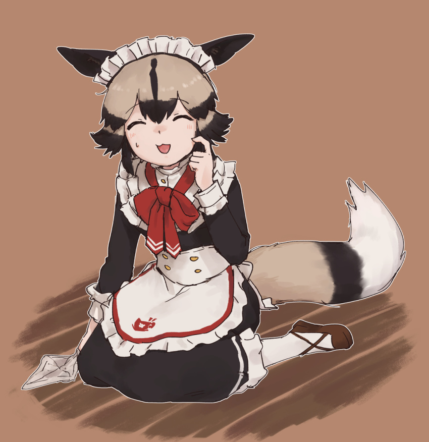 1girl ^_^ african_wild_dog_(kemono_friends) alternate_costume animal_ears apron bangs black_dress black_hair bow bowtie brown_hair closed_eyes dog_ears dog_girl dog_tail dress enmaided facing_viewer finger_to_cheek flustered frilled_apron frilled_dress frills full_body hair_between_eyes hand_up kemono_friends light_brown_hair long_sleeves maid maid_apron maid_headdress medium_hair multicolored_hair open_mouth rumenia_(ao2is) scratching_cheek shoes sitting smile socks solo tail two-tone_hair waist_apron wariza white_apron