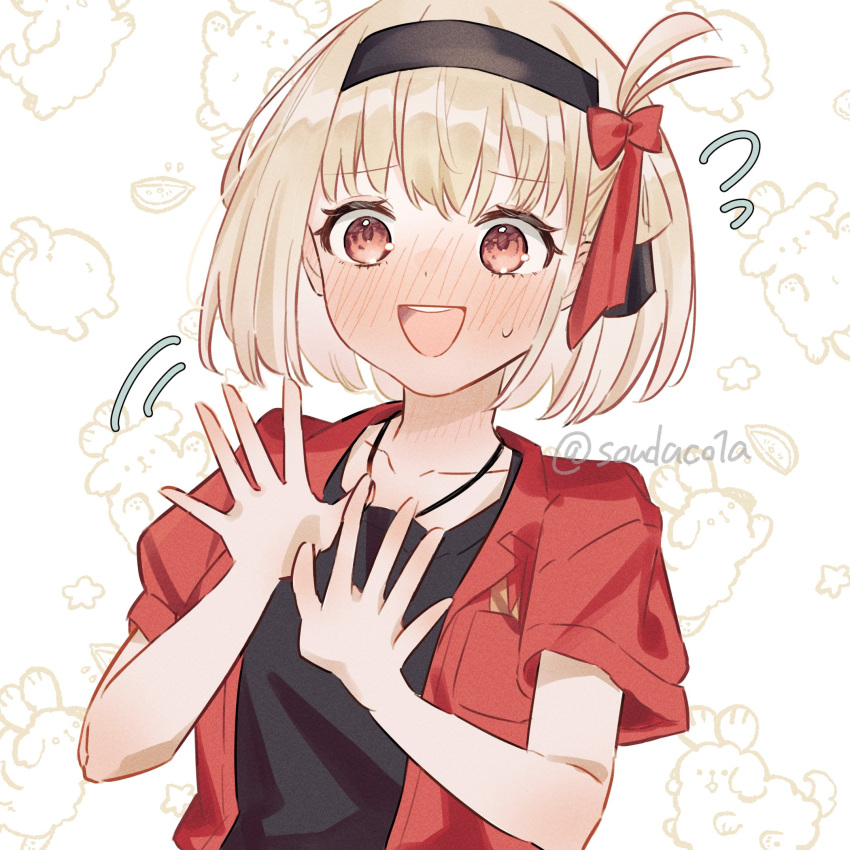 1girl black_hairband black_shirt blonde_hair blush bob_cut bow collarbone commentary_request embarrassed hair_bow hairband highres jewelry looking_at_viewer lycoris_recoil neck_blush necklace nishikigi_chisato one_side_up open_mouth red_bow red_eyes red_shirt shirt short_hair short_sleeves solo souda_(soudaco1a) sweatdrop teeth twitter_username upper_body upper_teeth_only
