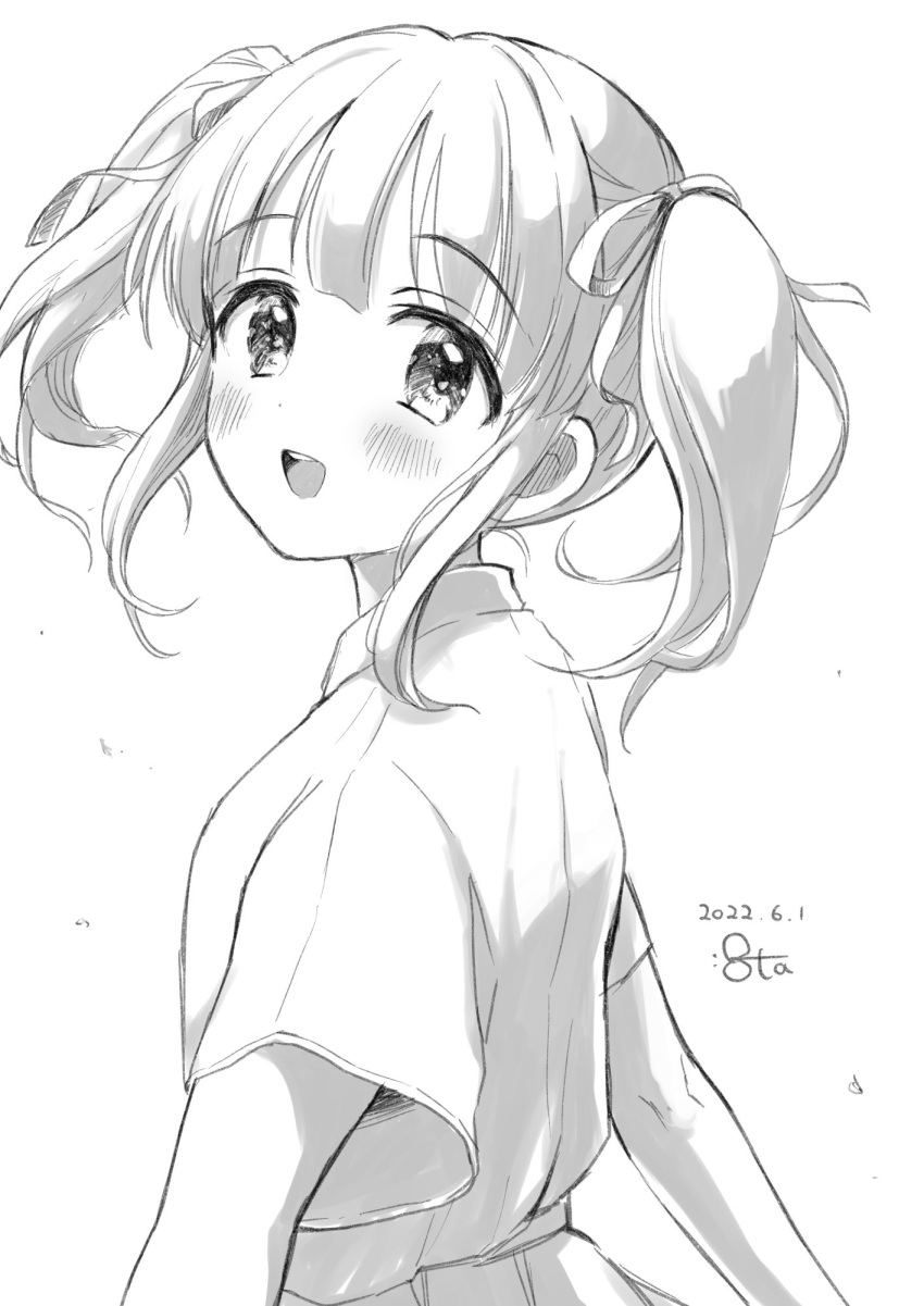 1girl :d blush dated floating_hair greyscale hair_ribbon highres idolmaster idolmaster_cinderella_girls looking_at_viewer mitsuyahachiko monochrome ogata_chieri ribbon signature simple_background smile solo twintails upper_body