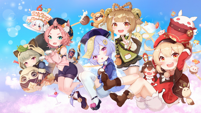 5girls :d absurdres ahoge animal_ears animal_hood aqua_eyes armguards arms_up ass backpack bag bangs bangs_pinned_back baron_bunny_(genshin_impact) basket bead_necklace beads bell black_shorts bloom blunt_bangs blush boots braid brown_footwear brown_gloves brown_hair brown_scarf cabbie_hat cameo cape cat_ears cat_girl cat_tail chinese_clothes clover_print coat cocktail_shaker coin_hair_ornament commentary_request daruma_doll detached_sleeves diona_(genshin_impact) dodoco_(genshin_impact) eyebrows_visible_through_hair eyes_visible_through_hair fake_animal_ears forehead genshin_impact gloves grey_hair guoba_(genshin_impact) hair_bell hair_between_eyes hair_ornament hat hat_feather hat_ornament highres hood japanese_clothes jewelry jiangshi jumpy_dumpty klee_(genshin_impact) knee_boots kneehighs leaf leaf_on_head lifting light_brown_hair long_hair long_sleeves looking_at_viewer low_ponytail low_twintails mengxin_huazha midriff muji-muji_daruma_(genshin_impact) multiple_girls navel necklace ninja obi ofuda orange_eyes paimon_(genshin_impact) pink_hair pocket pointy_ears puffy_detached_sleeves puffy_shorts puffy_sleeves purple_shorts qing_guanmao qiqi_(genshin_impact) raccoon_ears raccoon_hood randoseru red_coat red_headwear red_panda sash sayu_(genshin_impact) scarf short_hair short_shorts short_sleeves shorts sidelocks single_braid slime_(genshin_impact) smile stuffed_animal stuffed_bunny stuffed_toy tail thick_eyebrows twin_braids twintails v violet_eyes vision_(genshin_impact) white_gloves white_legwear white_shorts yaoyao_(genshin_impact)