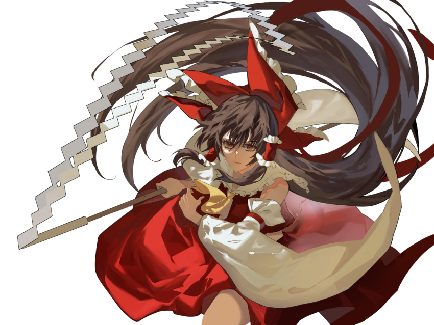 1girl ascot bare_shoulders bow brown_hair chinese_commentary commentary_request cowboy_shot detached_sleeves eyebrows_visible_through_hair frilled_bow frilled_hair_tubes frilled_shirt_collar frills gohei hair_bow hair_tubes hakurei_reimu holding_gohei kaoru_(alicemakoto) long_hair looking_at_viewer red_bow red_eyes red_skirt red_vest skirt touhou very_long_hair vest white_background wide_sleeves yellow_ascot