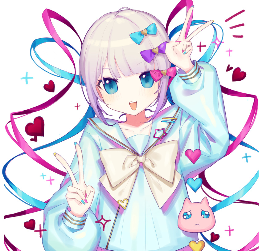 1girl :d absurdres blonde_hair blue_eyes blue_hair blue_nails blue_sailor_collar blue_shirt chouzetsusaikawa_tenshi-chan double_v gradient_hair heart highres long_hair long_sleeves multicolored_hair multicolored_nails neck_ribbon needy_girl_overdose open_mouth pink_hair pink_nails purple_hair red_heart ribbon sailor_collar sailor_shirt school_uniform serafuku shirt smile solo sparkle symbol-only_commentary upper_body v watame white_background yellow_nails yellow_ribbon