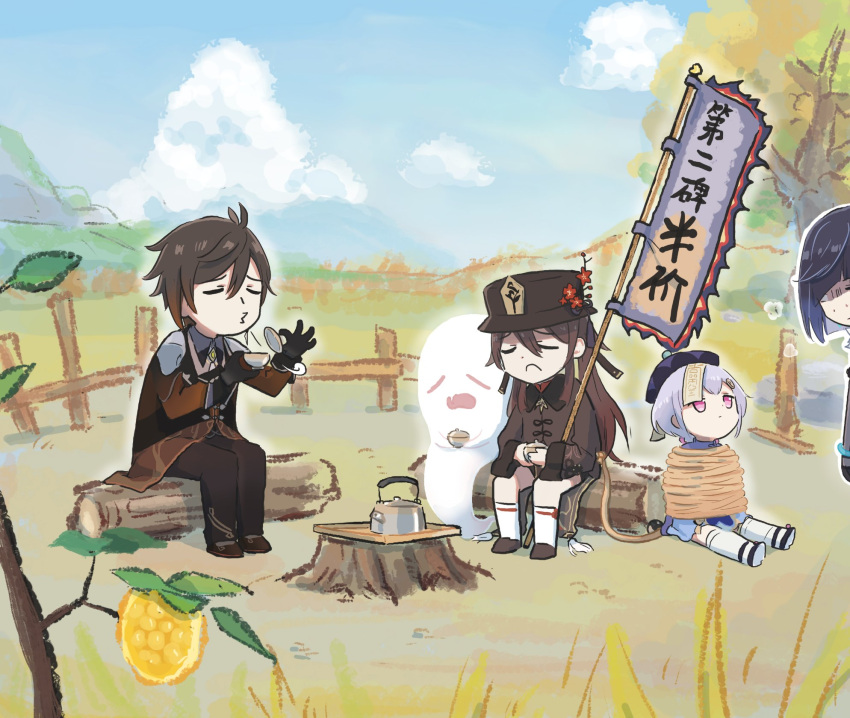 1boy 3girls black_hair blowing_on_food blue_sky bob_cut bound brown_footwear brown_hair brown_pants brown_shirt chibi chinese_clothes chinese_text closed_eyes clouds cloudy_sky comedy cup elbow_gloves genshin_impact ghost gloves highres holding holding_cup hu_tao_(genshin_impact) kettle kneehighs log looking_afar mountainous_horizon multiple_girls outdoors pants pink_eyes qiqi_(genshin_impact) sad shaded_face shirt short_hair sidelocks sitting sky teacup teapot thigh-highs tree_stump twintails white_legwear xinzoruo yelan_(genshin_impact) zhongli_(genshin_impact)