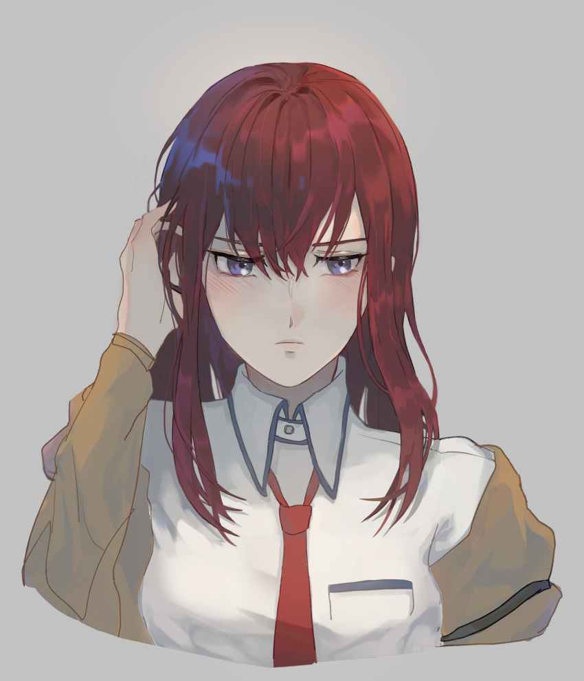 1girl absurdres blue_eyes blush breast_pocket closed_mouth collared_shirt cropped_torso frown grey_background hand_in_own_hair highres lois_(candyfx) long_hair looking_away makise_kurisu necktie pocket red_necktie redhead shiny shiny_hair shirt solo steins;gate straight_hair upper_body white_shirt wing_collar