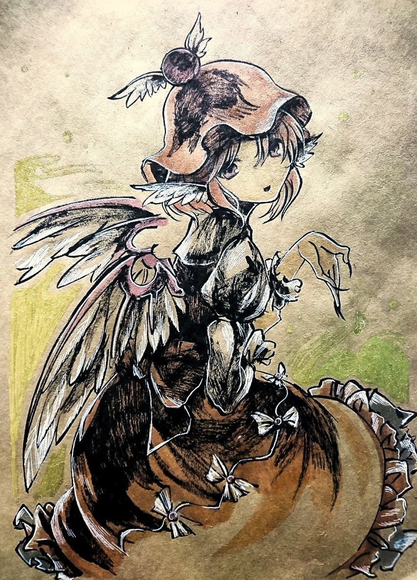 1girl animal_ears bird_ears bird_wings black_nails brown_dress brown_headwear dress fingernails frilled_dress frills highres ikeda_ruriko juliet_sleeves long_fingernails long_sleeves mystia_lorelei nail_polish one-hour_drawing_challenge open_mouth pink_eyes pink_hair puffy_sleeves sharp_fingernails short_hair solo touhou traditional_media white_wings winged_hat wings