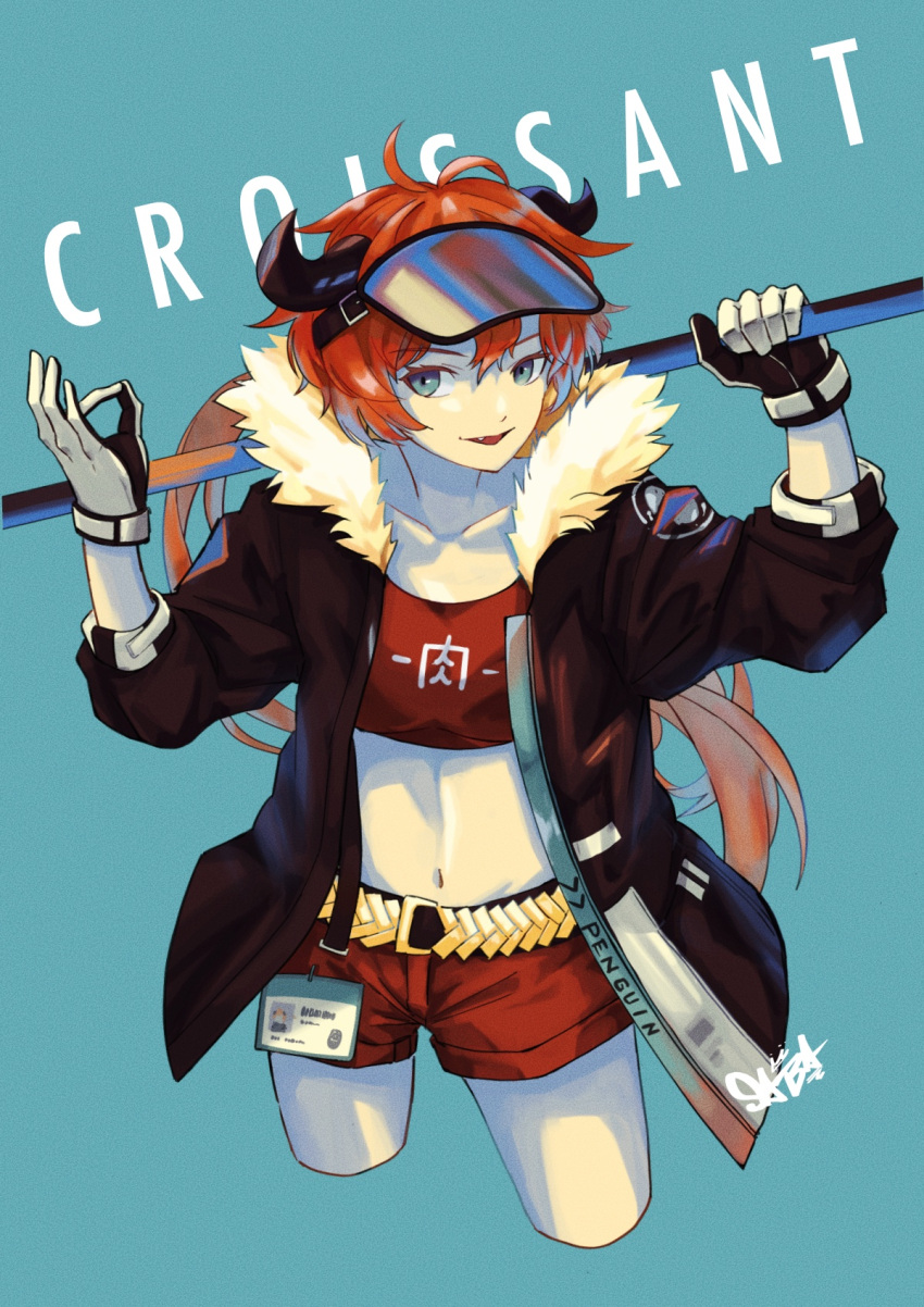 1girl ahoge arknights arms_up bangs black_gloves blue_background blue_eyes bomber_jacket breasts brown_jacket buckle character_name collarbone commentary cow_girl cow_horns cowboy_shot croissant_(arknights) crop_top eyebrows_visible_through_hair fur_collar gloves gold_belt hair_between_eyes hands_up highres holding holding_weapon horns id_card jacket looking_at_viewer midriff money_gesture navel neck open_clothes open_jacket orange_hair orange_shirt orange_shorts outstretched_arms over_shoulder pale_skin pants parted_lips penguin_logistics_logo peppsi_(saba_sabasuk0) redhead shirt short_hair_with_long_locks short_shorts shorts signature small_breasts standing stomach visor_cap weapon weapon_over_shoulder white_gloves