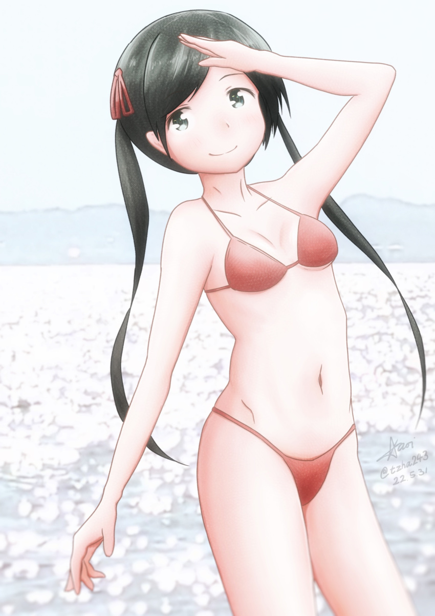 1girl aaoi bikini black_eyes black_hair breasts cowboy_shot highres kantai_collection long_hair mikuma_(kancolle) one-hour_drawing_challenge red_bikini small_breasts solo standing swimsuit twintails
