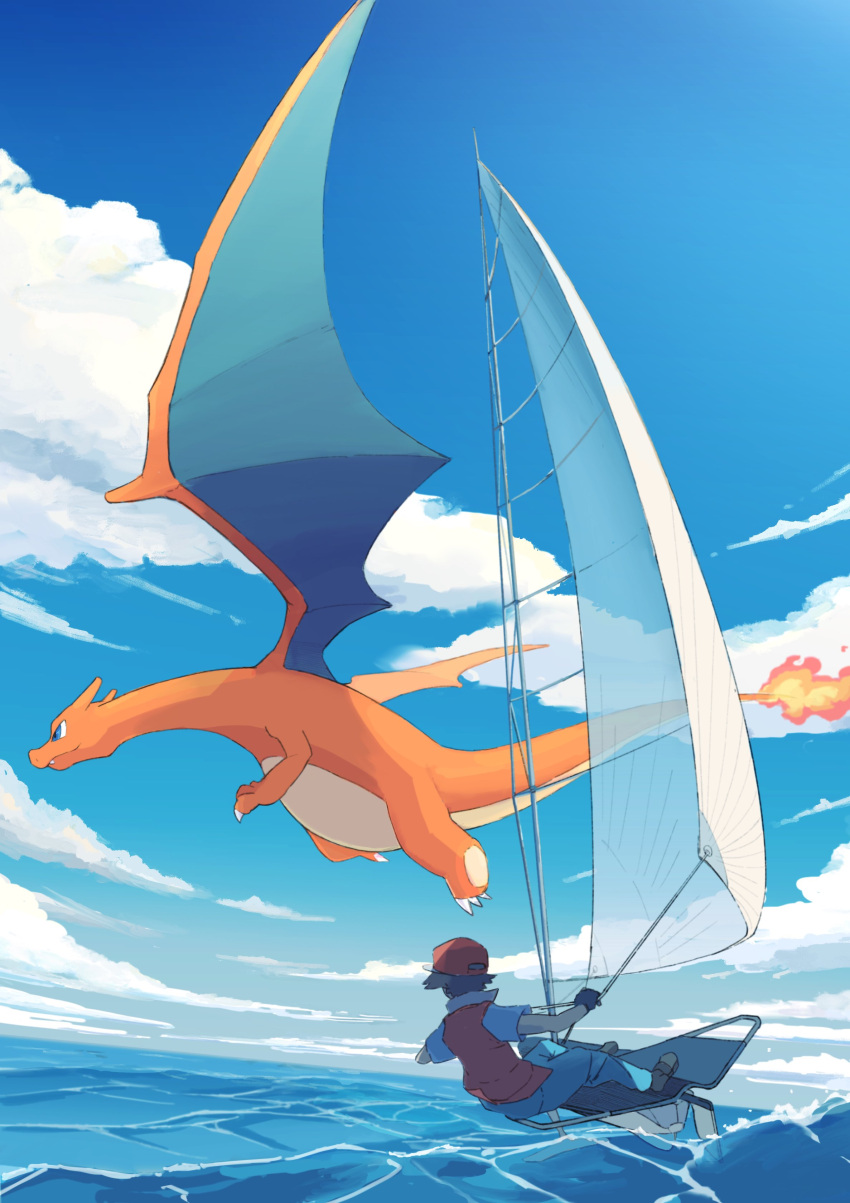 1boy absurdres black_gloves blue_pants charizard clouds day flame-tipped_tail gloves grey_footwear hat highres jacket male_focus momota_pix ocean outdoors pants pokemon pokemon_(game) pokemon_rgby red_(pokemon) red_headwear shoes short_sleeves sky symbol-only_commentary water