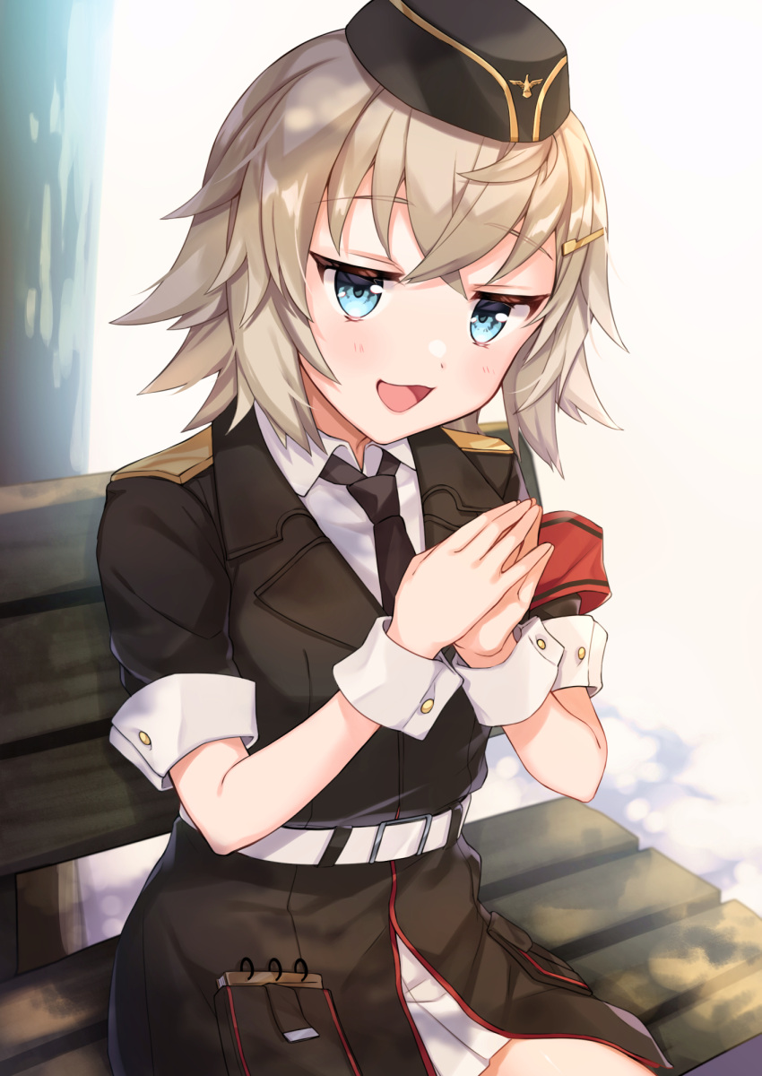 1girl armband bench blue_eyes garrison_cap girls_frontline grey_hair hat highres kawagami_raito military military_uniform mixed-language_commentary mp41_(girls'_frontline) necktie open_mouth own_hands_together red_armband short_hair simple_background sitting solo uniform wrist_cuffs