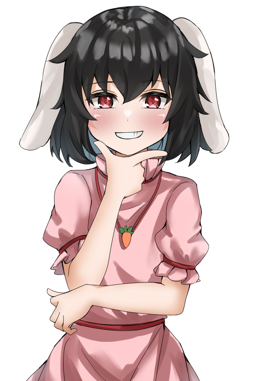1girl absurdres animal_ears bangs black_hair blush breasts carrot_necklace commentary_request dress eyebrows_visible_through_hair floppy_ears frilled_sleeves frills grin hand_on_own_chin highres inaba_tewi pink_dress puffy_short_sleeves puffy_sleeves rabbit_ears rabbit_girl ramiki red_eyes red_sash sash short_hair short_sleeves small_breasts smile touhou upper_body