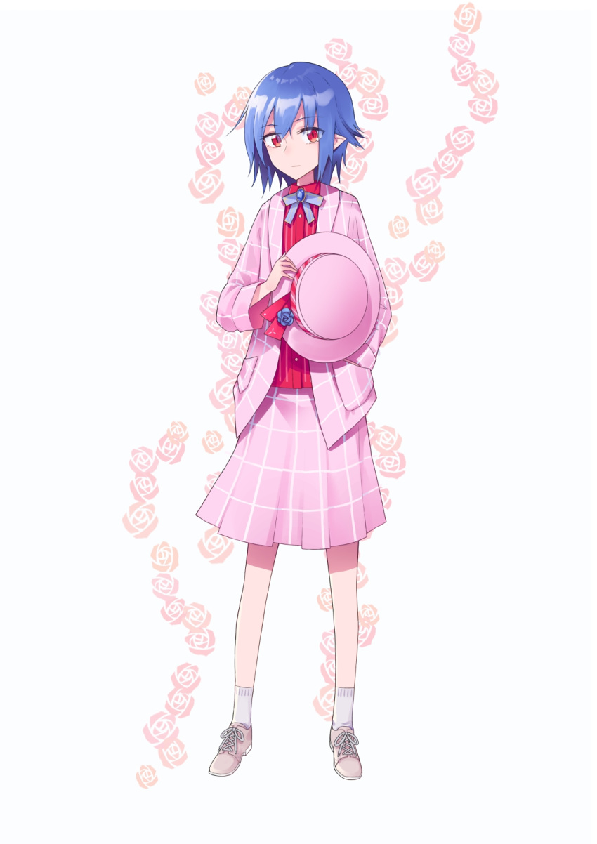 blue_gemstone blue_hair brown_footwear commentary commentary_request floral_background flower gem hat highres holding holding_clothes holding_hat jacket necktie ni_piao_xiancai pink_headwear pink_jacket pink_skirt pointy_ears red_eyes red_ribbon red_shirt remilia_scarlet ribbon shirt shoes short_hair skirt socks touhou white_background