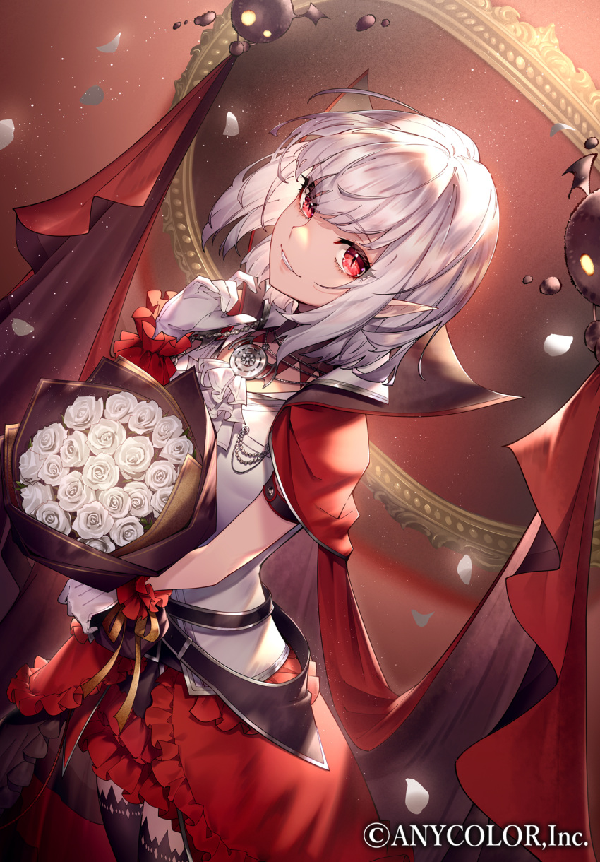 1girl bangs black_legwear bouquet cape essual_(layer_world) gilzaren_iii grin highres jewelry looking_at_viewer necklace nijisanji official_art pointy_ears red_eyes short_hair smile solo thigh-highs virtual_youtuber white_hair