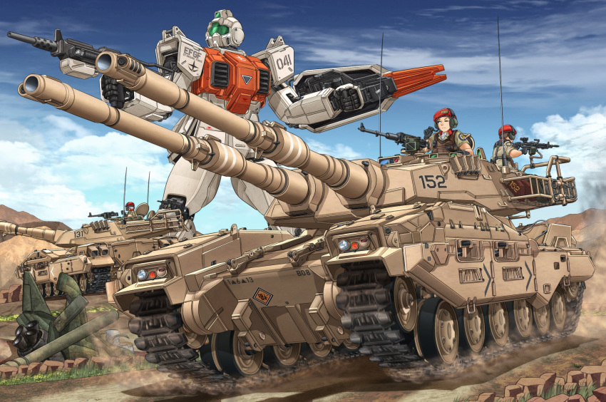 2boys beret brown_jacket clenched_hand dust grass ground_gm ground_vehicle gun gundam gundam_08th_ms_team hat highres holding holding_gun holding_weapon jacket m61a4_abt mecha mikeran_(mikelan) military military_vehicle mobile_suit motor_vehicle multiple_boys one_eye_closed red_headwear science_fiction tank vehicle_focus visor weapon