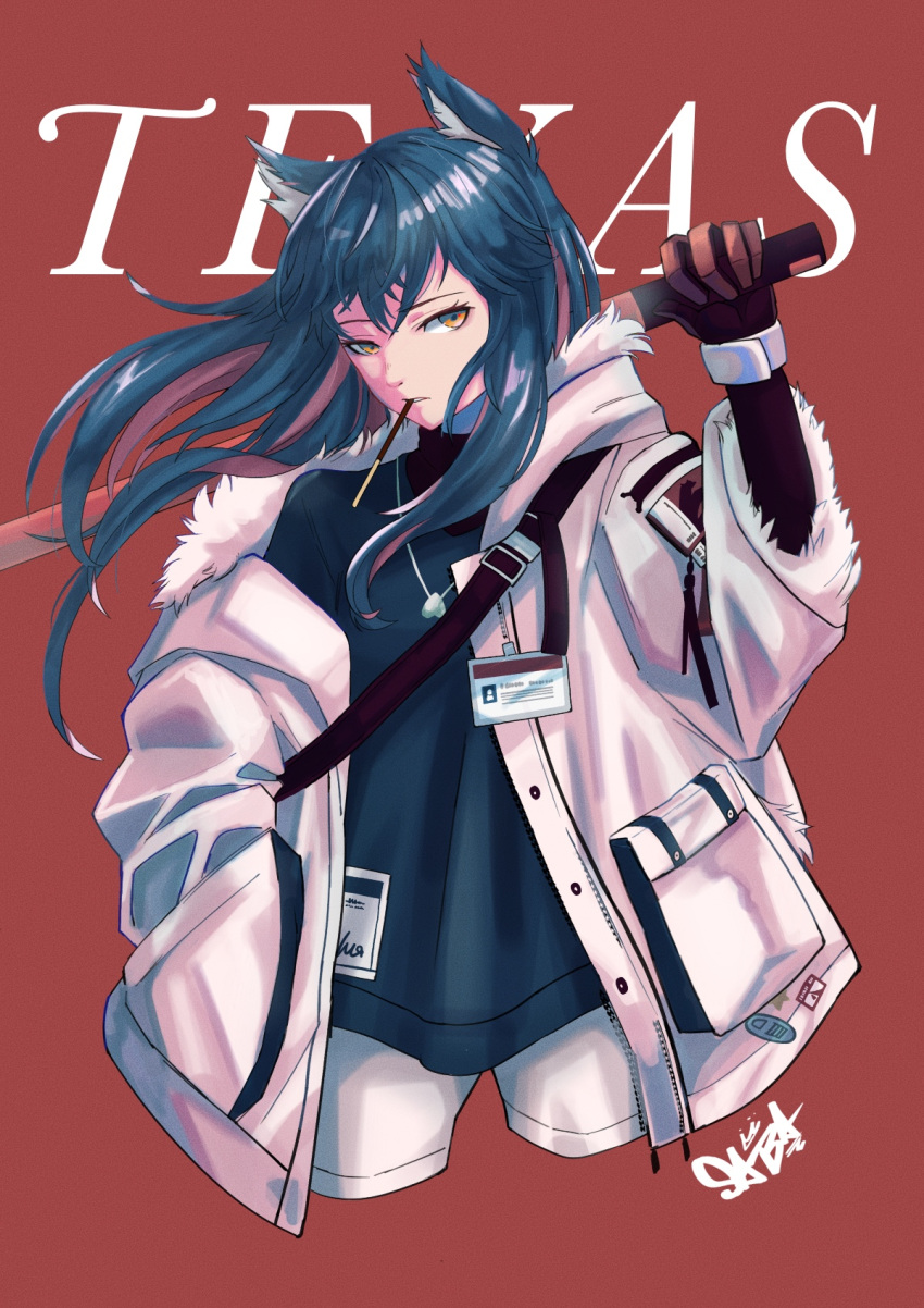 1girl animal_ears arknights arm_up bangs black_hair black_straps breasts character_name coat commentary cowboy_shot food fur-trimmed_sleeves fur_collar fur_trim gloves hand_in_pocket hand_up heart heart_necklace highres holding holding_sword holding_weapon id_card jewelry long_hair looking_at_viewer multicolored_hair official_alternate_costume open_clothes open_coat over_shoulder pale_skin pants peppsi_(saba_sabasuk0) pocky pocky_in_mouth red_background red_gloves redhead serious short_shorts shorts signature small_breasts standing sweater sword sword_over_shoulder texas_(arknights) texas_(winter_messenger)_(arknights) turtleneck turtleneck_sweater two-tone_hair weapon weapon_over_shoulder white_coat white_pants white_shorts wind winter_clothes wolf_ears yellow_eyes zipper
