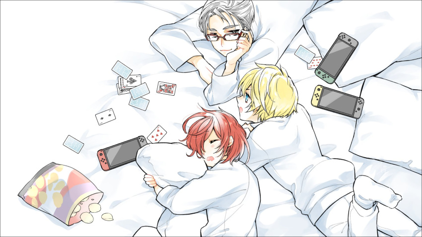 3boys arurandeisu bag_of_chips blonde_hair blue_eyes card chips closed_eyes controller eye_contact food foot_out_of_frame game_controller glass grey_eyes grey_hair hair_between_eyes hanasaki_miyabi hand_on_eyewear highres holostars kishido_temma leg_up long_sleeves looking_at_another lying male_focus multiple_boys object_hug on_bed on_side on_stomach open_mouth pants parted_lips pillow playing_card red-framed_eyewear redhead shirt shixxxkia short_hair sleeping sleepover smile socks upper_body virtual_youtuber white_legwear white_pants white_shirt younger