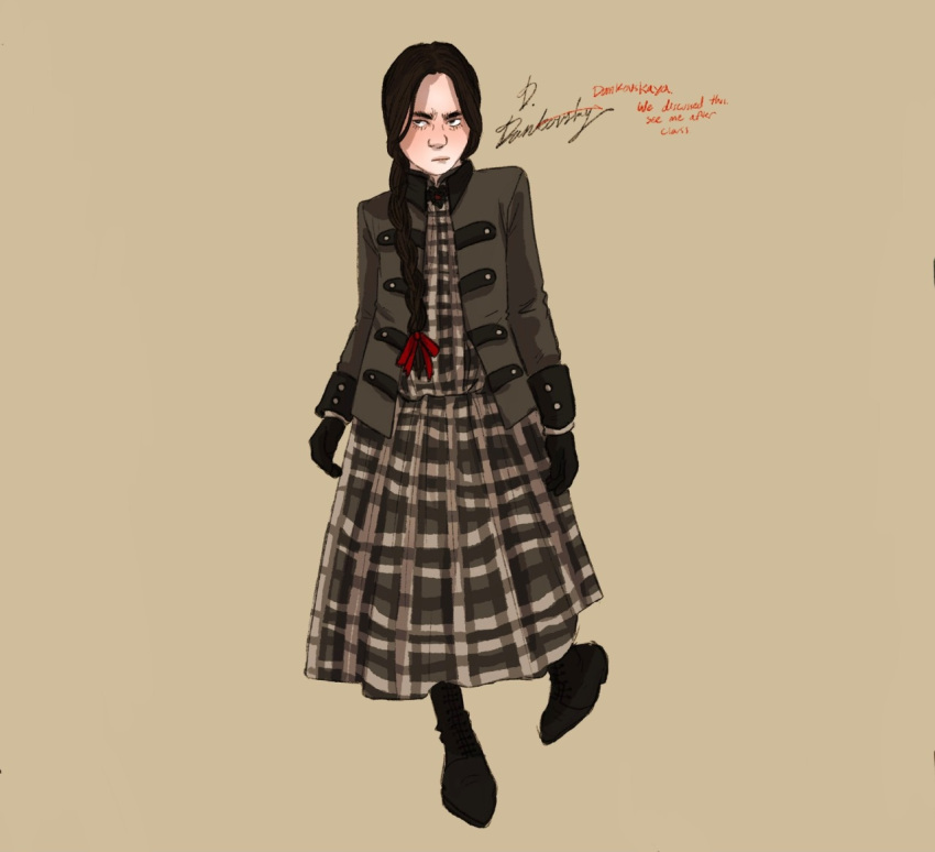 1boy alternate_costume alternate_hairstyle bachelor black_gloves black_hair black_shoes braid childhood daniil_dankovsky grey_dress leather leather_gloves mxgicdave pathologic pathologic_2 plaid plaid_dress queer red_ribbon trans